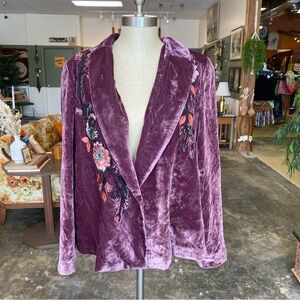 Free People Purple Velvet Blazer with Floral Embroidery